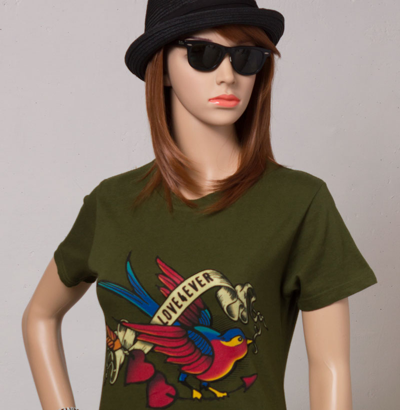 Vintage Tattoo Women's T-shirt Love 4Ever Green, Vintage Tattoo T-shirts, Tattoo Shirt, Tattoo Inspired Apparel, Hearts And Sparrow Tattoo Style Clothing
