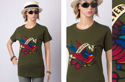 Vintage Tattoo Women's T-shirt Love 4Ever Green, Vintage Tattoo T-shirts, Tattoo Shirt, Tattoo Inspired Apparel, Hearts And Sparrow Tattoo Style Clothing